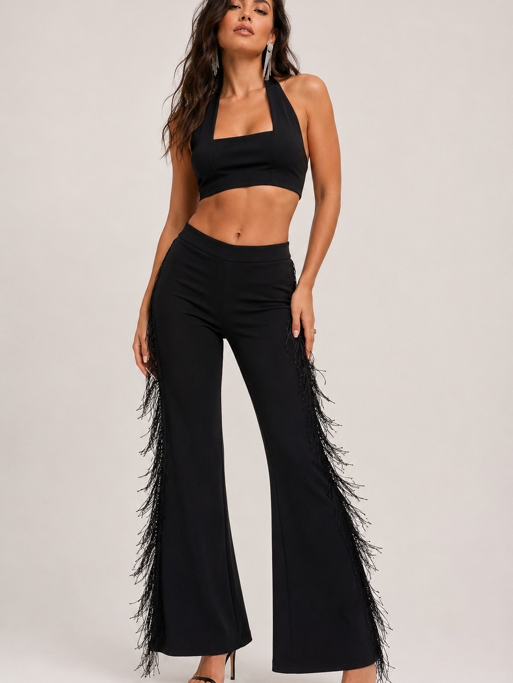Women's Black Fringe-Trim High-Waist Flare Pants